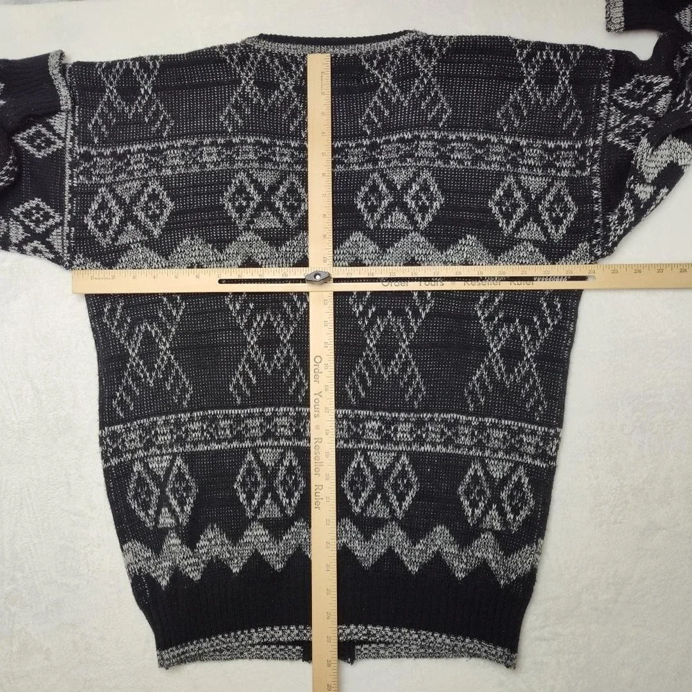 Vintage Chartwell Sweater Mens XLT Black Gray Cardigan Leather Geometric 90s